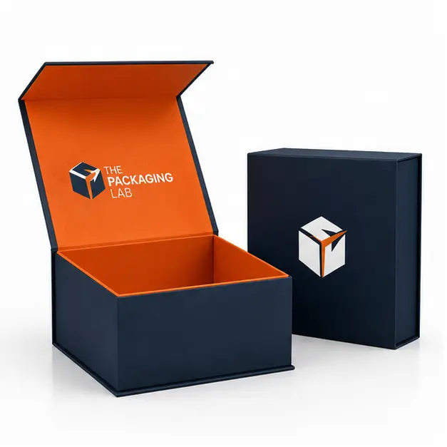 Branded navy and orange rigid magnetic packaging boxes