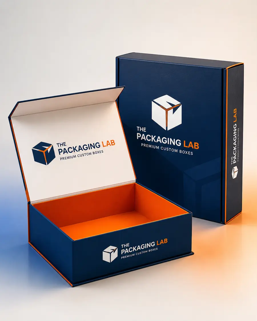 The Packaging Lab branded navy and orange custom packaging boxes