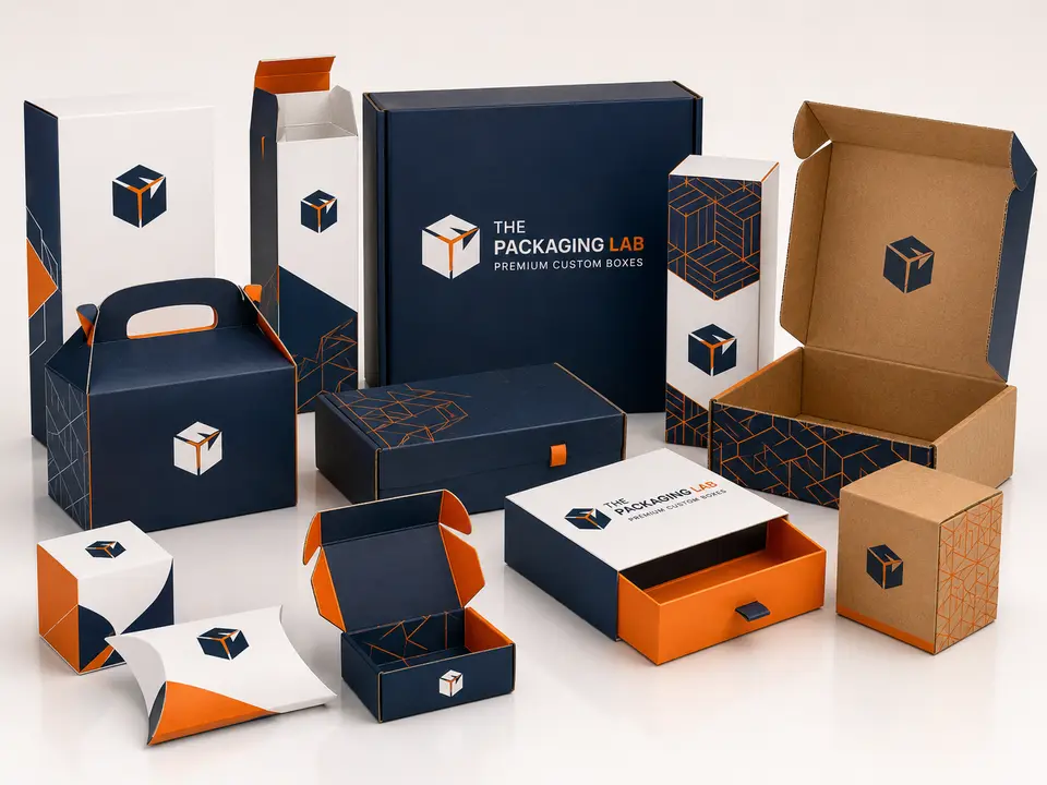Branded custom packaging range with tuck, corrugated, rigid, sleeve, gable and pillow boxes