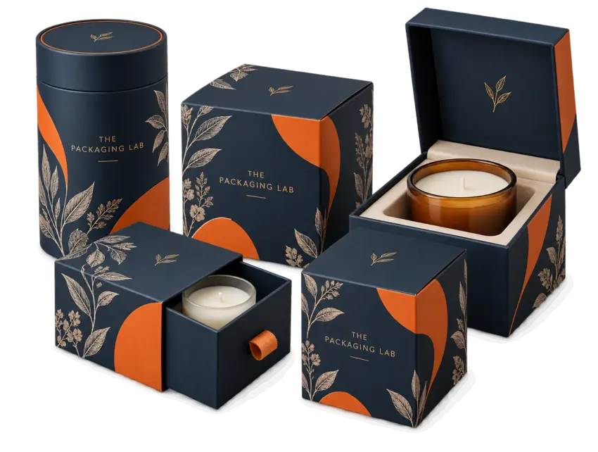 The Packaging Lab navy and orange candle cartons, rigid tube, drawer box and fitted candle gift box