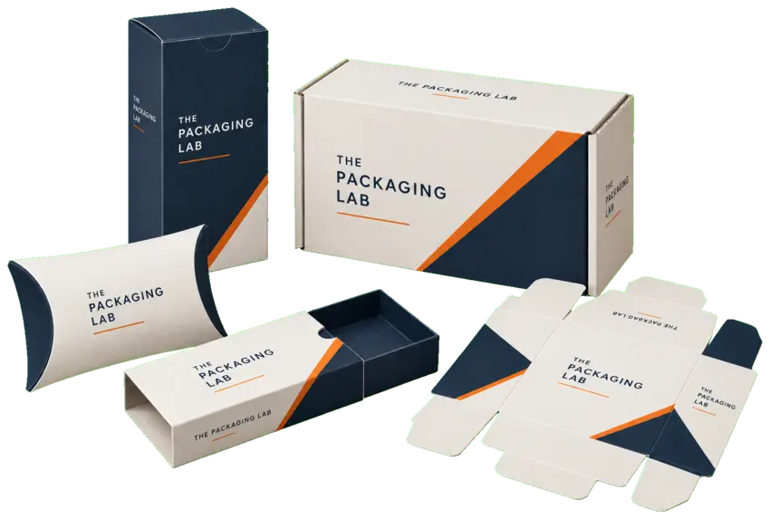 The Packaging Lab navy and white cardstock cartons, pillow pack, sleeve and unfolded printed carton