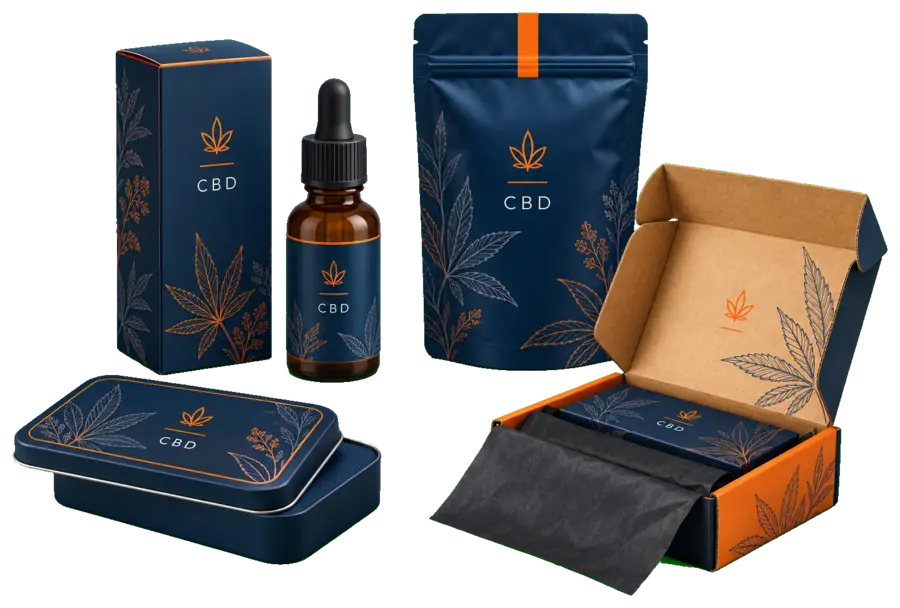 Custom navy and orange CBD packaging including a folding carton, dropper bottle, pouch, tin and mailer box
