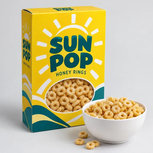Yellow cereal boxes with honey rings window packaging