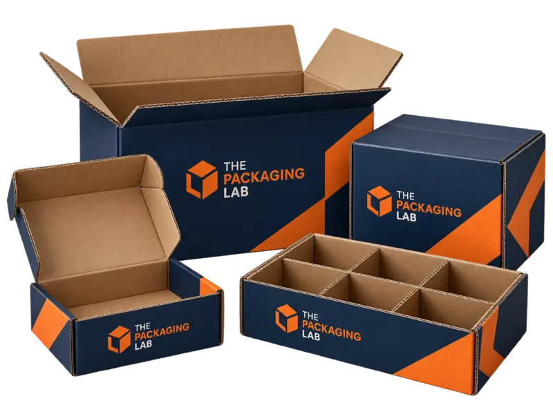 Branded corrugated shipping cartons, mailer and divider tray with visible fluted edges