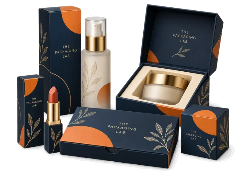 The Packaging Lab navy and orange cosmetic boxes for skincare, lipstick and makeup with a fitted presentation box