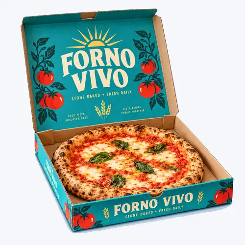 Custom pizza boxes on a clean light blue background