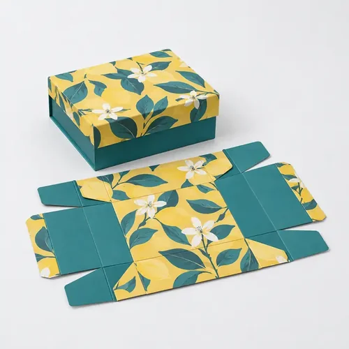 Foldable rigid gift boxes shown assembled and flat