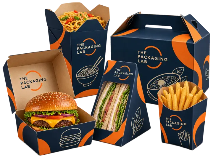 The Packaging Lab navy and orange food packaging with burger, noodle, sandwich, fries and takeaway boxes