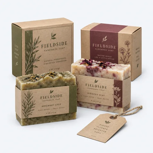 Handmade soap packaging with kraft boxes and bands