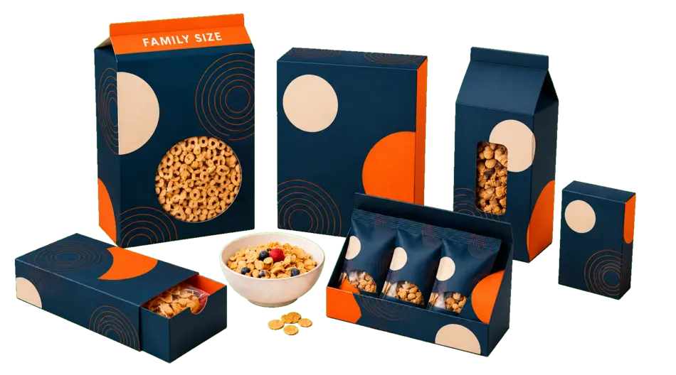 Custom navy and orange cereal packaging boxes