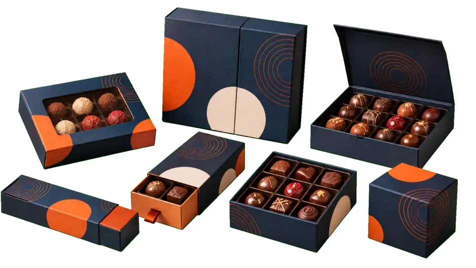 Custom navy and orange chocolate packaging boxes