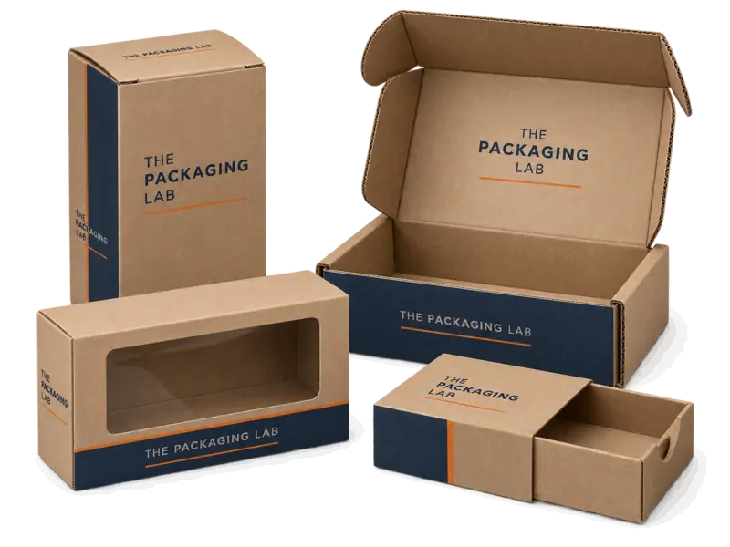 Natural brown kraft mailer, window carton, tuck-top box and sleeve packaging with The Packaging Lab branding