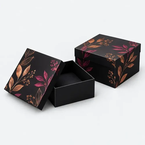 Matte black rigid gift boxes with foil botanical print