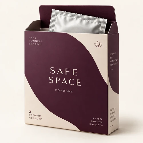 Printed discreet personal wellness carton with foil sachet