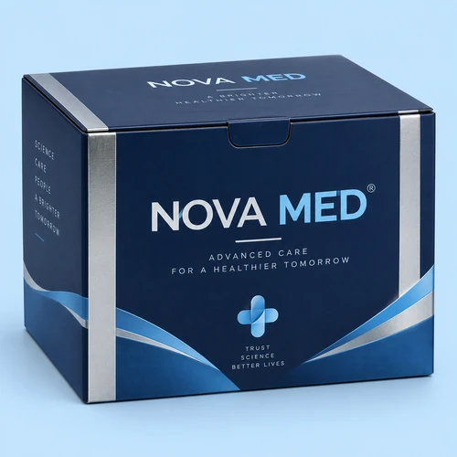 Navy printed pharmaceutical folding carton with full edges visible
