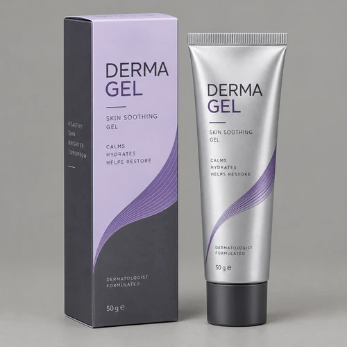 Printed pharma gel carton beside matching gel tube