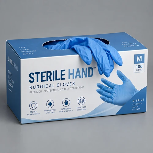 Blue surgical gloves dispenser carton with gloves emerging