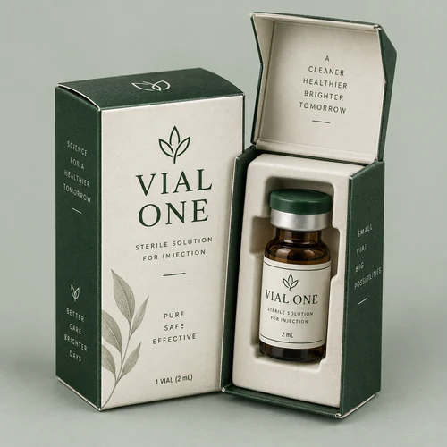 Vial carton with fitted insert and amber glass vial