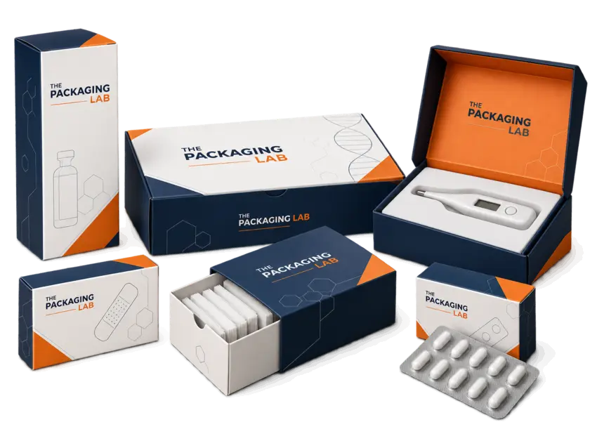 The Packaging Lab navy, orange and white medical cartons, diagnostic kit packaging and fitted medical device presentation box