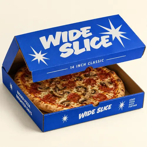 14 inch pizza boxes with cobalt blue print and fitted large pizza
