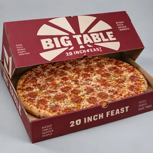 20 inch pizza box with extra large party pizza and burgundy print