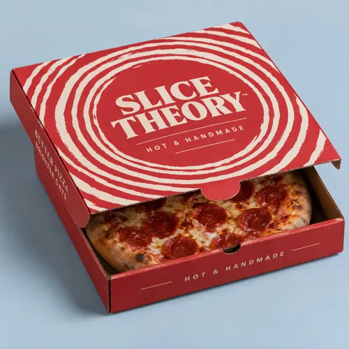 Custom printed pizza boxes with red takeaway carton and pepperoni pizza