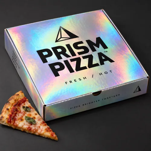 Holographic pizza boxes with iridescent foil printed finish