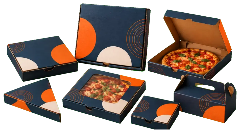 Custom navy and orange pizza packaging boxes