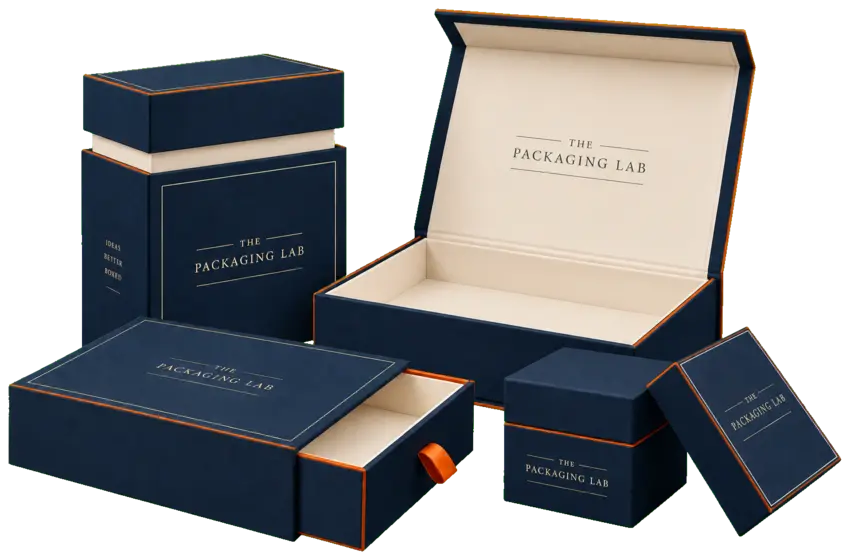 Classic navy rigid boxes with orange detailing, magnetic presentation lid, shoulder box and drawer packaging