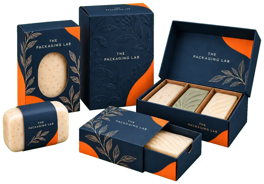 The Packaging Lab navy and orange soap cartons, window box, drawer box and gift packaging with artisan soap bars