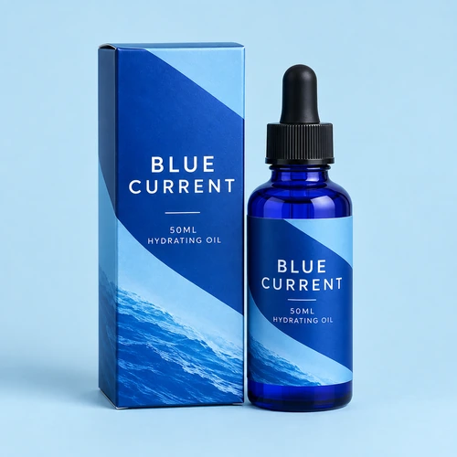 Custom 50ml bottle boxes with blue glass dropper bottle