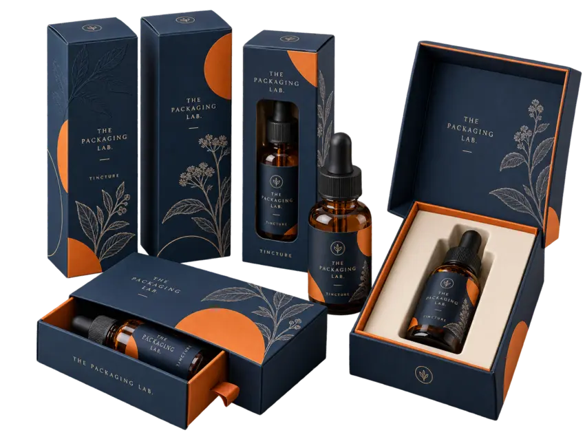 The Packaging Lab navy and orange tincture bottle cartons, window packaging and presentation boxes with amber dropper bottles